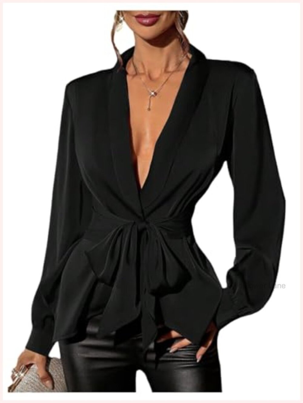 Satin Dressy Blouse Long Sleeve Tie Front Work Top